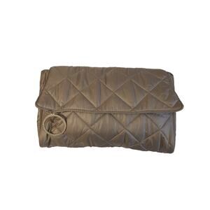 Kat Burki Taupe Quilted Clutch, Makeup Bag, Snap Closure, Signature Charm, EUC